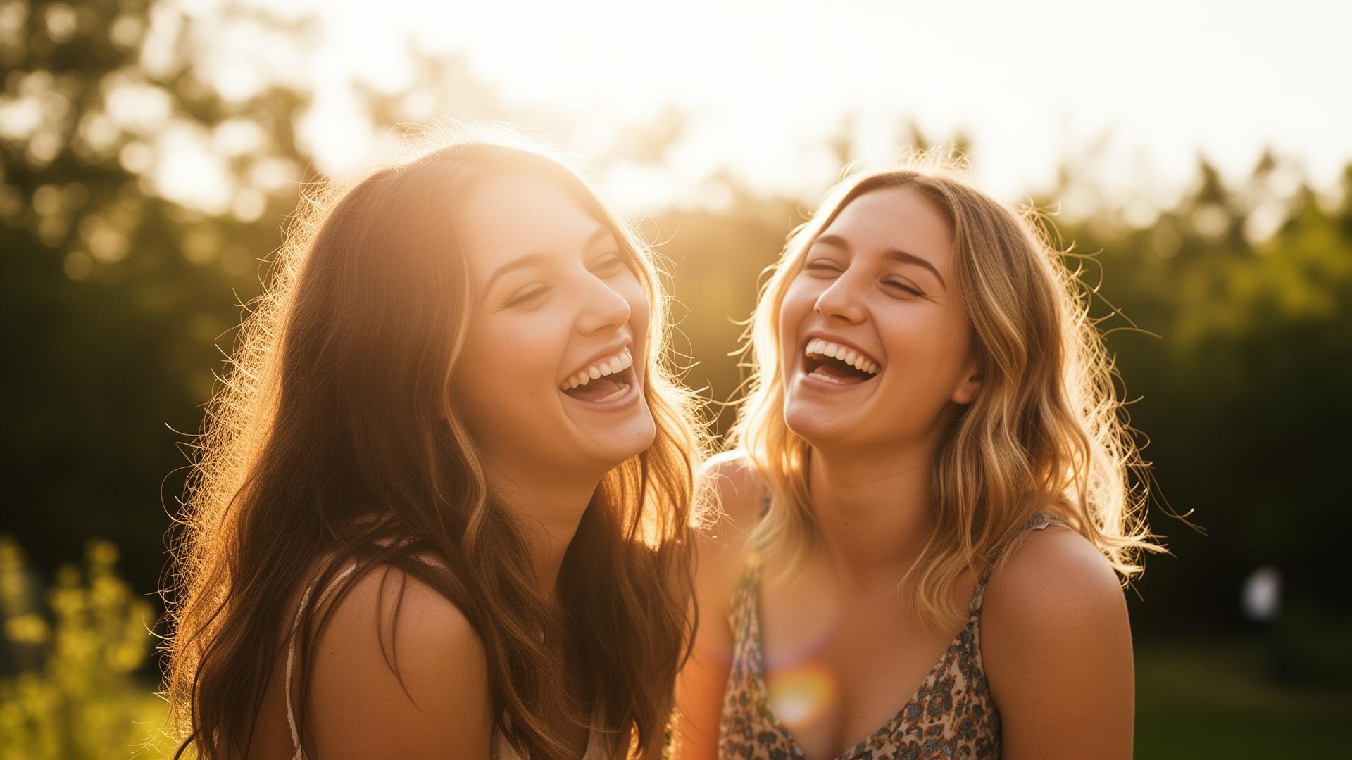 Two young women laughing together in bright golden sunlight