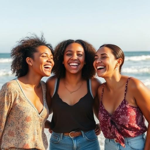 Three friends laughing together outdoors