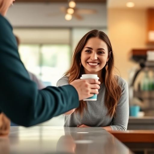 Woman handing a coffee to a stranger at a cafe counter