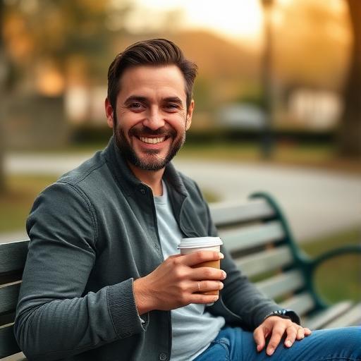 Smiling man sitting on a park bench with a coffee